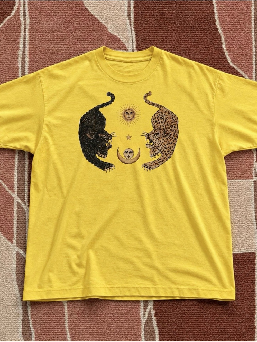 Gildan Yellow Unisex Tee with Leopard and Celestial Sun Graphic